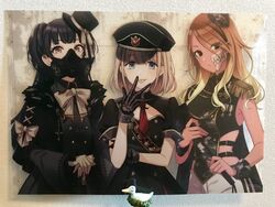  3girls :p badge bird black_eyes black_gloves black_hair blonde_hair blue_eyes bow bowtie breasts cane canvas_(medium) commentary_request dress duck fur_trim gas_mask gloves gradient_hair gyaru hat highres idolmaster idolmaster_shiny_colors izumi_mei long_hair looking_at_viewer mask mayuzumi_fuyuko military military_uniform mini_hat mini_top_hat multicolored_hair multiple_girls pants peaked_cap riding_crop serizawa_asahi short_hair sleeve_cuffs straylight_(idolmaster) tomari_(veryberry00) tongue tongue_out top_hat uniform white_gloves 