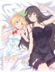  2girls artist_request bed_sheet black_hair blonde_hair blue_panties blush bow breasts chemise flat_chest garter_belt green_bow green_eyes green_ribbons headband kawaikereba_hentai_demo_suki_ni_natte_kuremasu_ka? koga_yuika large_breasts lying multiple_girls official_art on_back panties purple_panties red_bow red_headband ribbon source_request thighhighs tokihara_sayuki underwear yellow_eyes 