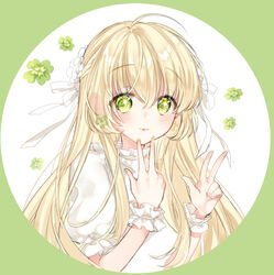  ahoge blonde_hair closed_mouth commentary earrings female fingernails green_eyes green_nails hair_between_eyes hair_ribbon hands_up jewelry long_hair looking_at_viewer nail_polish original photoshop_(medium) pingo puffy_short_sleeves puffy_sleeves ribbon shirt short_sleeves smile solo symbol-only_commentary upper_body white_background white_ribbon white_shirt wrist_cuffs x-ray 