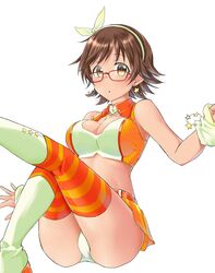  aimobake ass bad_id bad_twitter_id bare_shoulders boots breasts brown_hair cleavage crop_top earrings female glasses hairband highres honda_mio idolmaster idolmaster_cinderella_girls jewelry large_breasts leg_up looking_at_viewer midriff miniskirt orange_skirt orange_thighhighs panties parted_lips red-framed_eyewear short_hair skirt sleeveless solo star_(symbol) striped_clothes striped_thighhighs sunset_nostalgie_(idolmaster) thighhighs underwear white_panties wing_collar yellow_eyes 