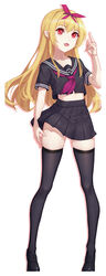  absurdres arifureta_shokugyou_de_sekai_saikyou black_footwear black_shirt black_skirt black_thighhighs blonde_hair collarbone commentary_request female full_body highres lis_zhu_long long_hair midriff oerba_yun_fang photoshop_(medium) pink_ribbon red_eyes ribbon school_uniform serafuku shirt short_sleeves simple_background skindentation skirt solo standing thighhighs white_background yue_(arifureta) zettai_ryouiki 