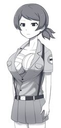  :| alternate_costume aoshidan_(emblem) aoshidan_school_uniform belt breasts closed_mouth collared_shirt commentary_request cowboy_shot empty_eyes expressionless female girls_und_panzer greyscale highres kawanishi_shinobu long_hair miniskirt monochrome partially_unbuttoned pleated_skirt protected_link school_uniform shirt short_hair short_ponytail short_sleeves skirt standing suspender_skirt suspenders swept_bangs volleyball yougata 