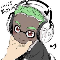  1boy blush dark-skinned_male dark_skin eighth_note grabbing_another&#039;s_chin green_hair hand_on_another&#039;s_chin headphones inkling inkling_boy inkling_player_character male_focus musical_note red_eyes simple_background smile solo_focus splatoon_(series) tentacle_hair utsunomiya_hetaru white_background 