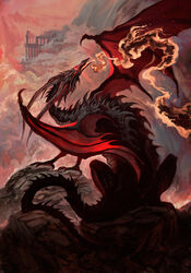  black_dragon_kalameet breath_powers cloud column dark_souls dragon elemental_manipulation european_mythology feral fire fire_breathing fire_manipulation fromsoftware glowing glowing_eyes hi_res horn membrane_(anatomy) membranous_wings mythological_creature mythological_scalie mythology outside quadruped red_eyes rock ruins scalie sirmaril sitting solo spines tail waterfall western_dragon wings 