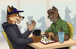  anthro beverage burger cafeteria canid canine chatting coffee devin_fox domestic_cat duo eating felid feline felis food food_tray fox fries hi_res jackaloo jesse_cat laugh male mammal storytelling 