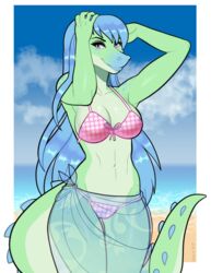  alligator alligatorid alpha_channel anthro beach bikini blue_hair breasts clothing crocodilian digital_media_(artwork) female hair hi_res lella_(uk-brony) long_hair looking_at_viewer non-mammal_breasts outside pink_eyes pinup porin pose reptile scalie seaside smile solo standing swimwear thick_thighs translucent translucent_clothing wide_hips 