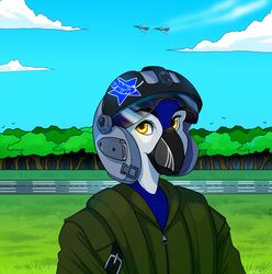  air_force aircraft airfield airplane airstrip ambiguous_gender anthro avian bird blue_body blue_feathers clothed clothing feathers forest hi_res hikaru_(laulenture) jet looking_at_viewer pilot plant smile solo tree uni vehicle white_body white_feathers yellow_eyes 