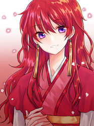  akatsuki_no_yona commentary_request earrings female gradient_background grin hair_between_eyes head_tilt ihye jewelry layered_sleeves long_hair long_sleeves looking_at_viewer own_hands_clasped own_hands_together photoshop_(medium) purple_eyes red_hair short_over_long_sleeves short_sleeves smile solo yona_(akatsuki_no_yona) 