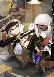  1boy 2girls armor black_footwear black_legwear blunt_bangs boots closed_mouth commentary couch crop_top cross-laced_footwear dapple_dualies_(splatoon) dark-skinned_female dark_skin green_footwear grey_eyes grey_hair hair_ornament half-closed_eyes hero_charger_(splatoon) high_tops highres holding holding_weapon indoors inkling inkling_girl inkling_player_character lace-up_boots leggings light long_hair long_sleeves looking_at_another lying midriff multiple_girls oerba_yun_fang on_back on_couch open_mouth pointy_ears shiganii_(splatoon) shima_(5p6p7p) shoes sideways_hat single_vertical_stripe sitting smile sneakers splatoon_(series) splatoon_2 sweater symbol-only_commentary tentacle_hair visor_cap weapon white_sweater 