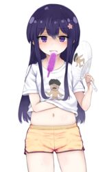  black_hair blush commentary_request female flower hair_between_eyes hair_flower hair_ornament hand_fan hand_under_clothes hand_under_shirt higero_(wataten) highres holding holding_fan long_hair looking_at_viewer parted_lips purple_eyes rocha_(aloha_ro_cha) shirosaki_hana shirt short_sleeves shorts solo watashi_ni_tenshi_ga_maiorita! white_shirt yellow_shorts 