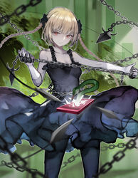  akasen black_dress black_pantyhose blonde_hair braid cellphone chains commentary darwin&#039;s_game dress female hair_ornament long_hair pantyhose phone red_eyes shuka_(darwin&#039;s_game) smartphone snake solo symbol-only_commentary twin_braids weapon 