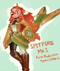  2018 ahoge aircraft anthro boots canid canine canis clothed clothing domestic_dog english_text eyewear female footwear fur glasses hair hand_on_hip hideki_kaneda long_hair looking_at_viewer mammal pink_body pink_fur red_hair solo spitfire_(disambiguation) spitfire_(hideki_kaneda) spitfire_mk_i standing text vehicle 