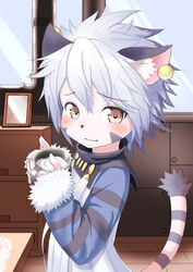  anthro blush container cup cute_fangs cyberconnect2 domestic_cat ear_piercing elh_melizee felid feline felineko felis female hair hi_res inner_ear_fluff kagarimachi_ame kemono little_tail_bronx looking_at_viewer mammal markings milk piercing ring_(marking) ringed_tail short_hair smile solatorobo solo striped_markings striped_tail stripes tail tail_markings tuft white_hair young 