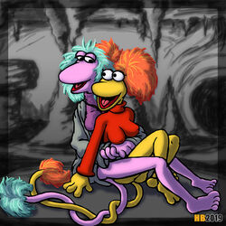  1:1 4_toes barefoot bottomless clothed clothing duo feet female fraggle fraggle_rock happy hentai_boy_(artist) hug mokey_fraggle puppet red_fraggle smile toes 