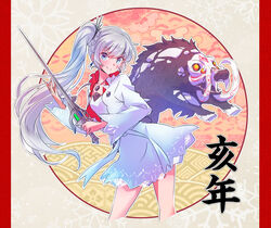  blue_eyes boar boarbatusk chinese_zodiac commentary cropped_jacket dress earrings female grimm_(rwby) high_collar highres holding holding_sword holding_weapon iesupa jewelry lace lace-trimmed_skirt lace_trim left-handed long_hair long_sleeves myrtenaster necklace pendant rapier rwby scar scar_across_eye scar_on_face side_ponytail skirt solo strapless strapless_dress sword tiara weapon weiss_schnee white_dress white_hair wide_sleeves year_of_the_pig 