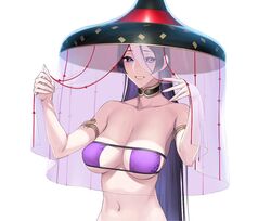  armlet bare_shoulders bikini breasts choker cleavage collarbone commentary_request eyepatch_bikini fate/grand_order fate_(series) female hair_between_eyes ichimegasa large_breasts long_hair looking_at_viewer minamoto_no_raikou_(fate) minamoto_no_raikou_(swimsuit_lancer)_(fate) minamoto_no_raikou_(swimsuit_lancer)_(first_ascension)_(fate) nakuta navel parted_bangs purple_bikini purple_eyes purple_hair simple_background smile solo swimsuit veil very_long_hair white_background 