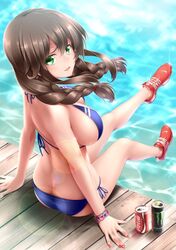  arm_support ass back bare_shoulders bikini blue_bikini blue_eyes boardwalk braid breasts brown_hair butt_crack coca-cola commentary_request female green_eyes halterneck kantai_collection large_breasts long_hair looking_at_viewer looking_back midoriiro_no_shinzou monster_energy no_socks noshiro_(kancolle) open_mouth red_footwear red_nails shoes side-tie_bikini_bottom sitting smile sneakers solo string_bikini sweat swept_bangs swimsuit twin_braids water 