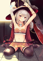  armpits arms_up ayanami_(azur_lane) ayanami_(witch_in_ambush)_(azur_lane) azur_lane bandages black_panties black_thighhighs blush bondage bondage bound breasts cape chained chains collarbone commentary_request culter demon_tail demon_wings female grey_hair hair_between_eyes hat hat_ribbon head_tilt highleg highleg_panties highres long_hair looking_at_viewer midriff miniskirt navel official_alternate_costume orange_ribbon orange_skirt panties red_eyes ribbon sidelocks sitting skirt small_breasts solo string_panties sword tail thighhighs thong underwear wariza weapon wings witch_hat 