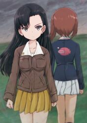  2girls anglerfish asymmetrical_bangs black_hair blue_jacket blurry blurry_background brown_eyes brown_hair brown_jacket chi-hatan_military_uniform clenched_hands closed_mouth cloud cloudy_sky commentary day depth_of_field emblem facing_away fish from_behind frown girls_und_panzer grey_sky highres jacket long_hair long_sleeves looking_at_viewer military military_uniform miniskirt multiple_girls nishi_kinuyo nishizumi_miho ooarai_military_uniform outdoors pleated_skirt shibagami shirt short_hair skirt sky standing uniform white_shirt white_skirt wind yellow_skirt 