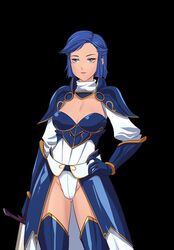  1futa armor blue_eyes blue_hair boots cleavage clothed futanari futanari_quest hand_on_hip madeline_(futanari_quest) neutral_expression short_hair sprite sprite_art sword thighs uliel weapon 