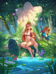  absurd_res breasts clothed clothing denis_istomin dress fairy female flower hi_res humanoid hylian lavender_(disambiguation) lily_pad link male melee_weapon nintendo no_underwear not_furry overgrowth plant princess_zelda sculpture shirt statue sword the_legend_of_zelda topwear tree water weapon 