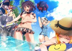  4girls absurdres alternate_costume animal_ear_fluff animal_ears armpits ass_visible_through_thighs beach_umbrella bikini blonde_hair blue_bikini blue_sky breasts casual_one-piece_swimsuit closed_eyes commentary_request covered_navel day ears_through_headwear fate/grand_order fate_(series) floral_print fox_ears fox_girl fox_tail green_eyes hair_bun hat highres innertube jack_the_ripper_(chaldea_lifesavers)_(fate) jack_the_ripper_(fate/apocrypha) katsushika_hokusai_(fate) katsushika_hokusai_(painting_summer)_(fate) kawaruhi multiple_girls navel ocean octopus official_alternate_costume one-piece_swimsuit one_eye_closed outdoors parted_bangs paul_bunyan_(fate) pink_hair purple_bikini purple_eyes purple_hair scar scar_across_eye scar_on_cheek scar_on_face side-tie_bikini_bottom single_hair_bun sitting sky small_breasts smile striped_clothes striped_one-piece_swimsuit sun_hat swim_ring swimsuit tail tamamo_(fate) tamamo_no_mae_(swimsuit_lancer)_(fate) tamamo_no_mae_(swimsuit_lancer)_(third_ascension)_(fate) teeth tokitarou_(fate) umbrella underboob upper_teeth_only wading wet white_hair yellow_eyes 