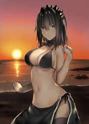  araido_kagiri bare_arms bare_shoulders beach bikini black_bikini black_hair black_thighhighs blue_eyes bow bowtie breasts cleavage commentary cowboy_shot detached_collar female gradient_sky groin hand_up headdress highres large_breasts long_hair looking_at_viewer navel ocean orange_sky original outdoors sarong side-tie_bikini_bottom sky smile solo standing sun sunset swimsuit thighhighs water 