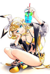  blonde_hair blue_eyes bow bra commentary cup disposable_cup drinking_straw female food fruit hair_ornament hairband hairbow hairclip head_rest head_tilt headphones headset holding holding_cup jacket kagamine_rin leaning_forward lemon microphone nail_polish photoshop_(medium) sawashi_(ur-sawasi) short_hair short_shorts shorts sitting smile solo underwear vocaloid white_bow 