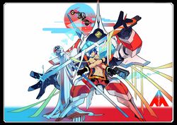  2boys baggy_pants blue_eyes blue_hair body_armor commentary_request copyright_name galo_thymos gloves gun highres lio_fotia male_focus manbou_no_ane matoi mecha moon motor_vehicle motorcycle multiple_boys pants pectorals promare robot spiked_hair topless_male weapon 