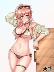  arm_support bad_id bad_pixiv_id bag bare_arms bare_shoulders bikini black_bikini breasts choker cleavage closed_mouth collarbone commentary_request eyewear_on_head female front-tie_bikini_top front-tie_top girls&#039;_frontline green_eyes hair_between_eyes halterneck highres korean_commentary long_hair looking_at_viewer medium_breasts navel official_alternate_costume pink_hair r93_(girls&#039;_frontline) r93_(holiday_lucky_star)_(girls&#039;_frontline) side-tie_bikini_bottom side_ponytail solo string_bikini sunglasses swimsuit thighs tiankong white_bikini 