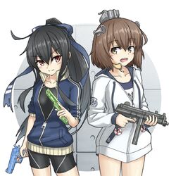  2girls black_hair black_one-piece_swimsuit blue_jacket blue_one-piece_swimsuit blue_ribbon brown_eyes brown_hair commentary_request competition_swimsuit cowboy_shot drawstring gun hair_ribbon handgun hatsushimo_(kancolle) headgear highres hood hooded_jacket hoodie jacket kantai_collection long_hair looking_at_viewer machine_gun multiple_girls name_tag one-piece_swimsuit open_clothes open_jacket open_mouth ponytail red_eyes ribbon round_teeth school_swimsuit short_hair speaking_tube_headset swimsuit teeth umino_ht upper_teeth_only walther_mp water_gun weapon white_jacket yukikaze_(kancolle) yukikaze_(swimsuit_mode)_(kancolle) 