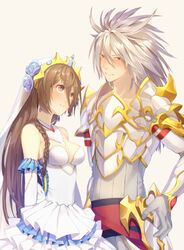  1boy armor blush braid breasts brooch brown_hair cleavage commentary_request crown detached_collar detached_sleeves dress earrings eye_contact female flower gloves gyakuten_othellonia hair_flower hair_ornament hand_on_own_hip highres horns jewelry kuronotenji long_hair long_sleeves looking_at_another medium_breasts red_eyes silver_hair simple_background single_horn smile straight sweatdrop veil very_long_hair white_dress white_gloves 