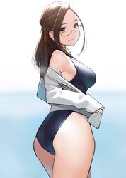  ass bad_id bad_twitter_id breasts brown_eyes brown_hair cardigan commentary cowboy_shot female from_behind from_side glasses highres long_hair looking_at_viewer looking_back medium_breasts miru_tights off_shoulder okuzumi_yuiko one-piece_swimsuit semi-rimless_eyewear simple_background sleeves_past_wrists smile solo standing swimsuit yomu_(sgt_epper) 