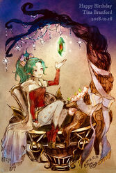  bad_id bad_pixiv_id breasts cape closed_mouth commentary_request crystal detached_sleeves dress earrings elbow_gloves female final_fantasy final_fantasy_vi gloves green_hair hair_ribbon jewelry komugiko_no_mori long_hair pantyhose ponytail print_pantyhose ribbon smile solo terra_branford 