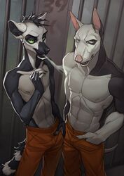  2019 abs anthro bars biceps blue_eyes bottomwear bull_terrier canid canine canis cigarette clothing domestic_dog dungeon duo green_eyes hi_res hunting_dog inmates_clothing lemur male male/male mammal muscular muscular_male nails narrowed_eyes navel nipple_piercing nipple_ring nipples obliques orange_jumpsuit orphen-sirius pecs piercing primate prison prison_uniform prisoner ribs rincon_stockade ring-tailed_lemur ring_piercing ryker_(wildering) serratus skinny skinny_male smoking strepsirrhine terrier triceps ziggy_(wildering) 