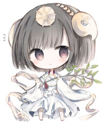  :&lt; amaterasu_(shingeki_no_bahamut) bad_id bad_pixiv_id barefoot black_hair blush branch brown_eyes chibi closed_mouth cottontailtokki dress female full_body hagoromo hair_ornament holding holding_branch long_sleeves looking_at_viewer mirror shadowverse shawl shingeki_no_bahamut simple_background solo standing white_background white_dress wide_sleeves 