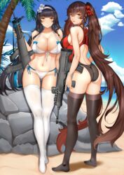  2girls absurdly_long_hair absurdres alternate_costume ass assault_rifle beach bikini black_hair black_pantyhose black_thighhighs blue_sky blush breasts brown_eyes brown_hair bullpup chiyo_goya cleavage closed_mouth cloud collarbone commentary competition_swimsuit day english_commentary flower full_body girls&#039;_frontline gloves groin gun hair_between_eyes hair_flower hair_ornament hair_ribbon hairband highres holding holding_gun holding_weapon large_breasts long_hair looking_at_viewer looking_back multiple_girls navel ocean official_alternate_costume one-piece_swimsuit open_mouth outdoors pantyhose qbz-95 qbz-97 ribbon rifle sand side-tie_bikini_bottom sidelocks skindentation sky smile stomach swimsuit thighhighs twintails type_95_(girls&#039;_frontline) type_95_(summer_cicada)_(girls&#039;_frontline) type_97_(girls&#039;_frontline) very_long_hair weapon white_bikini white_gloves white_hairband white_thighhighs yellow_eyes 