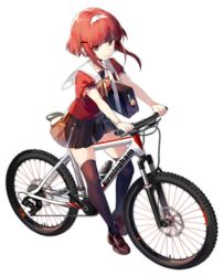  azur_lane bag bicycle birmingham_(azur_lane) birmingham_(rider_of_red)_(azur_lane) black_skirt black_thighhighs blush brown_footwear closed_mouth duffel_bag female full_body hair_ornament hairband hairclip loafers looking_at_viewer official_alternate_costume official_art over-kneehighs pavapo puffy_short_sleeves puffy_sleeves red_eyes red_hair shoes short_hair short_sleeves skirt smile solo thighhighs transparent_background 