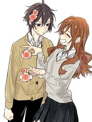  &gt;:( 1boy black_hair black_pants blue_eyes blush brown_hair closed_eyes collared_shirt eyebrows eyelashes female flower hagiwara_daisuke hair_flower hair_ornament holding holding_flower hori-san_to_miyamura-kun hori_kyouko katagiri_senior_high_school_uniform laughing messy_hair miyamura_izumi pants rose school_uniform shirt simple_background skirt v-shaped_eyebrows watermark white_background 