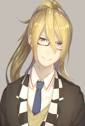  1boy black-framed_eyewear blonde_hair blue_neckwear character_request commentary_request formal glasses gyakuten_othellonia hair_between_eyes highres kuronotenji long_hair male_focus simple_background smile solo standing suit sweater_vest upper_body 