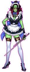  alternate_costume animal_ears animal_print animification apron bear_print black_choker black_footwear bow bowtie breasts cat_ears chiba_toshirou choker cleavage colored_skin enmaided facial_tattoo female frills full_body gamora green_skin guardians_of_the_galaxy hand_on_own_hip hand_wraps high_heels highres large_breasts long_legs maid marvel marvel_cinematic_universe outline photoshop_(medium) solo sword tattoo thighhighs waist_apron weapon white_background white_thighhighs wrist_cuffs zettai_ryouiki 