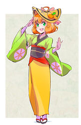  absurdres ahoge amigasa commentary curly_hair female food freckles fruit full_body green_eyes hat highres iesupa japanese_clothes kimono looking_at_viewer open_mouth orange_(fruit) orange_hair penny_polendina rwby sandals short_hair smile solo wide_sleeves 