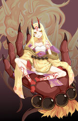  absurdres black_nails blonde_hair breasts chinese_commentary commentary earrings facial_mark fate/grand_order fate_(series) female fingernails forehead_mark full_body fuuko_chan highres horns ibaraki_douji_(fate) japanese_clothes jewelry kimono long_hair off_shoulder oni oni_horns photoshop_(medium) pointy_ears sharp_fingernails sitting small_breasts solo tattoo wide_sleeves yellow_eyes yellow_kimono 