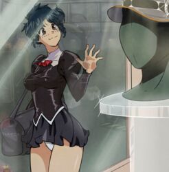  agent_aika ahoge aika_(series) ascot bag black_delmo black_jacket black_skirt blue_hair breasts brown_eyes cabbie_hat closed_mouth commentary_request covered_nipples cowboy_shot delmogeny_uniform extra female hand_on_glass hand_up hat indoors jacket juliet_sleeves long_sleeves looking_at_viewer mannequin medium_breasts miniskirt panties pleated_skirt puffy_sleeves reflection short_hair skirt smile solo standing turnip007 underwear white_panties window 