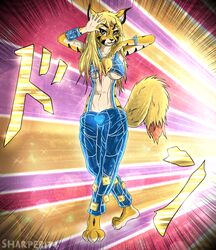  5_fingers absurd_res anthro barefoot black_nose blonde_hair blue_eyes feet felid feline female fingers fluffy fluffy_tail hair hi_res jojo&#039;s_bizarre_adventure long_hair love mammal meme menacing_(disambiguation) navel nipples pantherine pose sady shaded sharperit solo tail tiger 