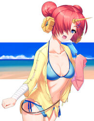  bad_id bad_pixiv_id bandaged_arm bandages beach bikini blue_bikini blue_eyes blue_sky breasts cleavage cloud collarbone cowboy_shot day detached_sleeves double_bun fate/grand_order fate_(series) female food frankenstein&#039;s_monster_(fate) frankenstein&#039;s_monster_(swimsuit_saber)_(fate) frankenstein&#039;s_monster_(swimsuit_saber)_(first_ascension)_(fate) hair_bun hair_ornament hair_over_one_eye head_tilt headgear holding horizon horns jacket kinata_1 looking_at_viewer mechanical_horns navel ocean open_mouth outdoors pink_hair popsicle short_hair side-tie_bikini_bottom single_detached_sleeve single_horn sky sleeves_past_wrists small_breasts solo standing stomach swimsuit swimsuit_cover-up white_background yellow_jacket 