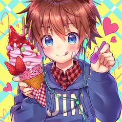  1boy :p blue_eyes blush brown_hair check_commentary commentary commentary_request earbuds earphones food food_on_face fruit hair_between_eyes heart highres hood hoodie ice_cream ice_cream_cone ice_cream_on_face looking_at_viewer male_focus original plaid plaid_shirt pocky shirt soft_serve solo spoon strawberry tongue tongue_out utsunomiya_hetaru 