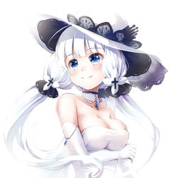  azur_lane bare_shoulders blue_eyes breasts choker cleavage collarbone commentary_request dress elbow_gloves female gloves hat illustrious_(azur_lane) long_hair looking_away mole mole_under_eye nitchi simple_background smile solo tri_tails white_background white_dress white_gloves white_hair 