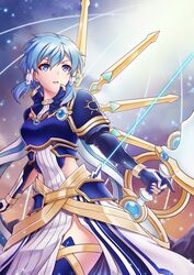  absurdres annihilate_ray armor blue_armor blue_eyes blue_hair blue_thighhighs bow_(weapon) breastplate commentary energy female glowing glowing_bow_(weapon) glowing_weapon hair_between_eyes highres holding holding_bow_(weapon) holding_weapon knight magic md5_mismatch myudon18 open_mouth outdoors photoshop_(medium) resolution_mismatch shoulder_armor side_slit sidelocks sinon sinon_(solus) sky solo source_smaller standing star_(sky) starry_sky sword_art_online sword_art_online:_alicization sword_art_online:_alicization_-_war_of_underworld thighhighs thighs weapon 