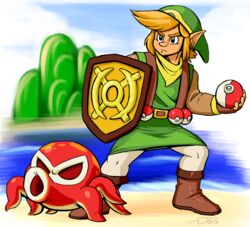  blonde_hair boots clothing crossover digital_media_(artwork) duo footwear hair hat headgear headwear holding_object holding_pokeball humanoid hylian link nintendo octorok outside pokeball pokemon shield shirt standard_pokeball standing the_legend_of_zelda thewill topwear tunic water 